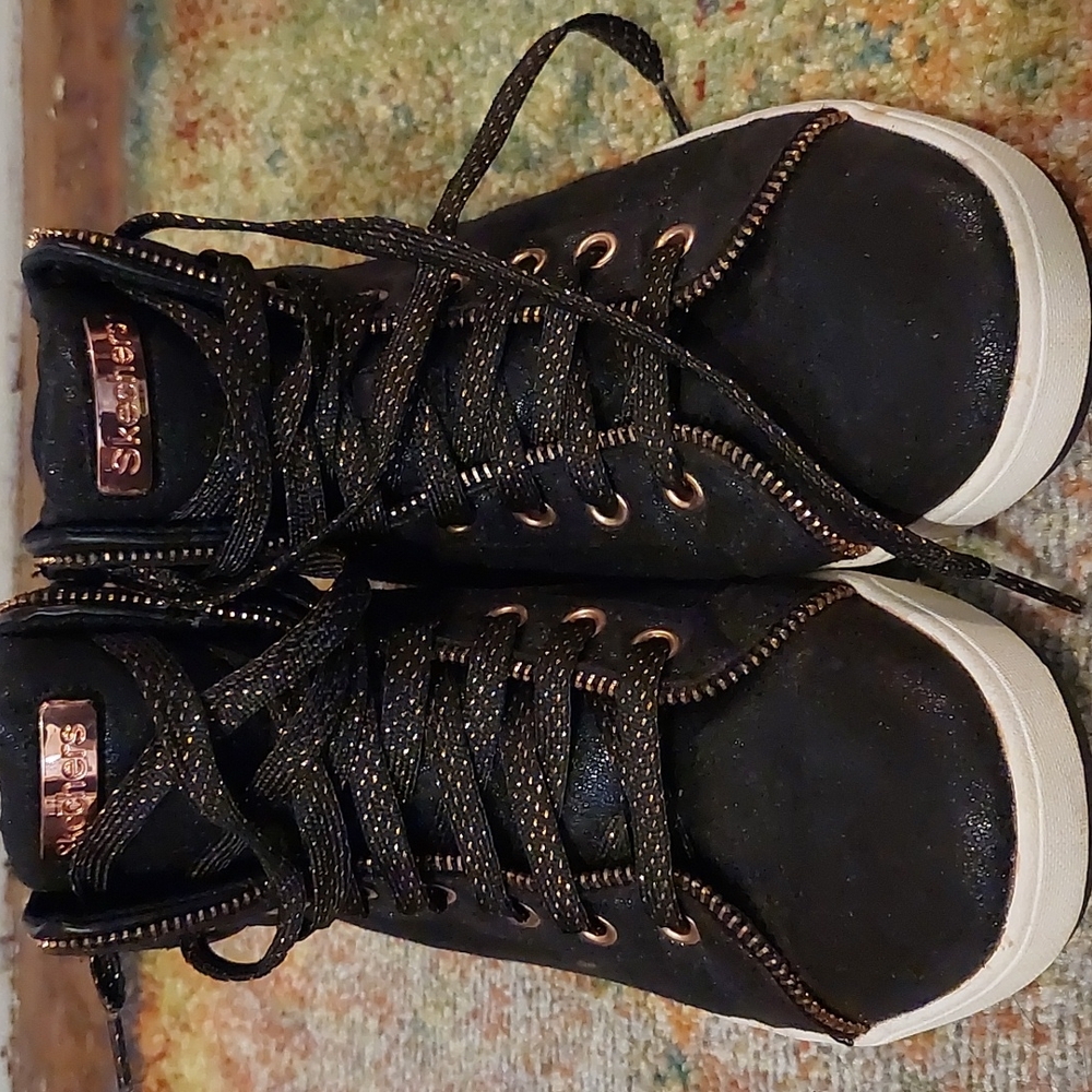 Skechers Black metallic high tops with Bronze accents ,US L 5